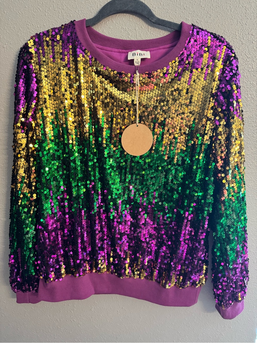 BiBi Multicolor Sequin Crewneck Sweater with Purple Trim